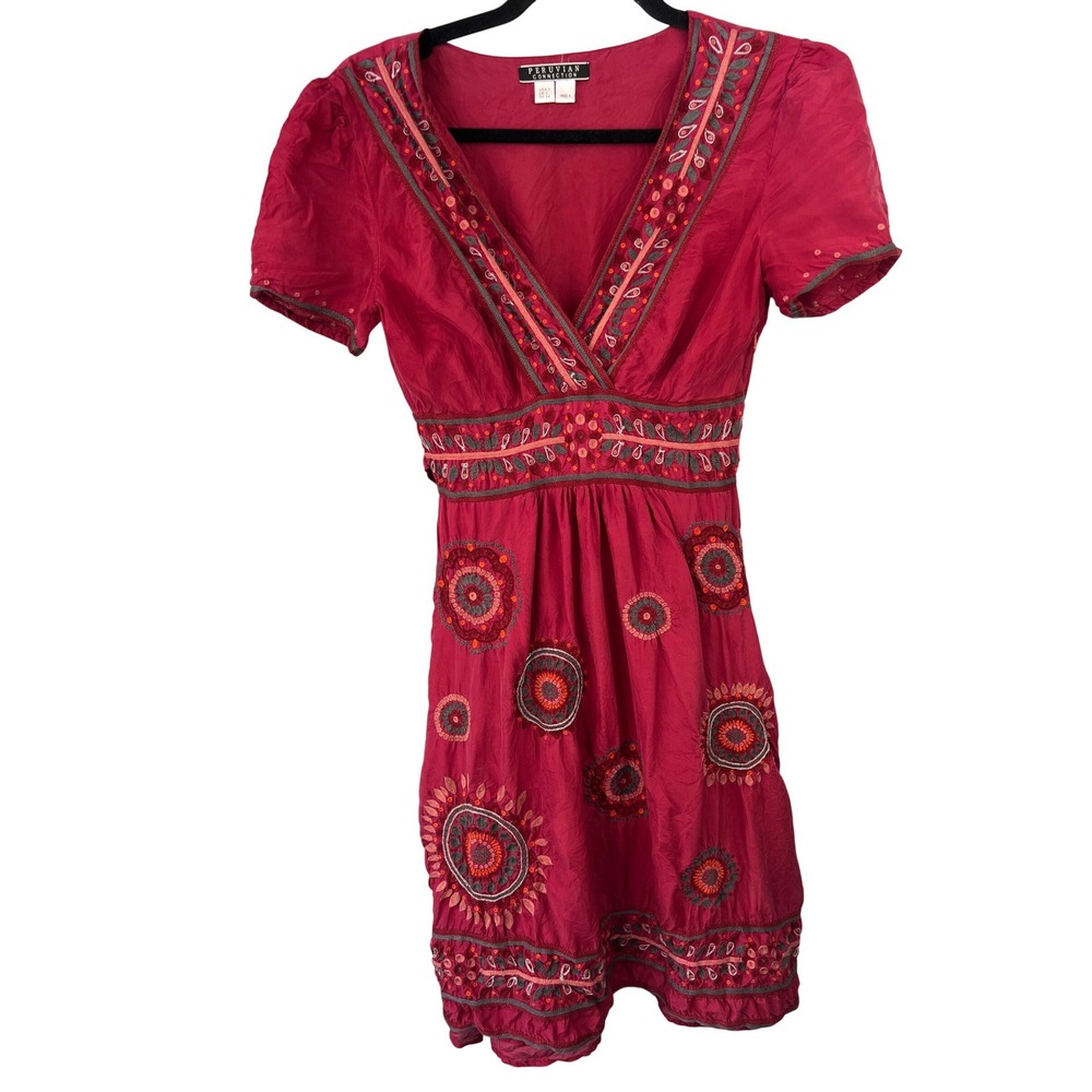 Peruvian Connection Magenta100% Silk Embroidered Short Sleeve Boho Dress Size 4‎